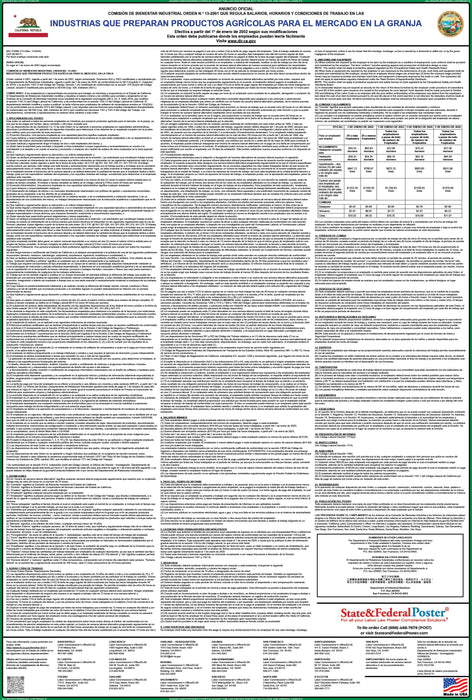 Preorder 2027 California IWC 13 - Industries Preparing Agricultural Products for Market Wage Order - State and Federal Poster