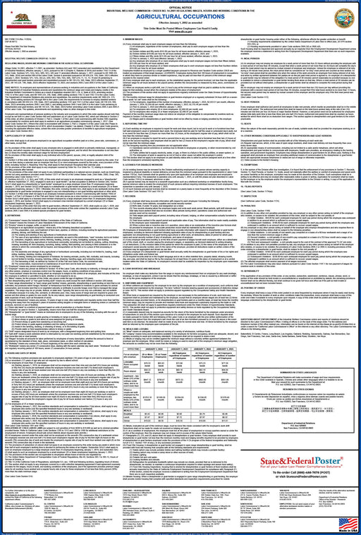 Preorder 2027 California IWC 14 - Agricultural Operations Wage Order - State and Federal Poster