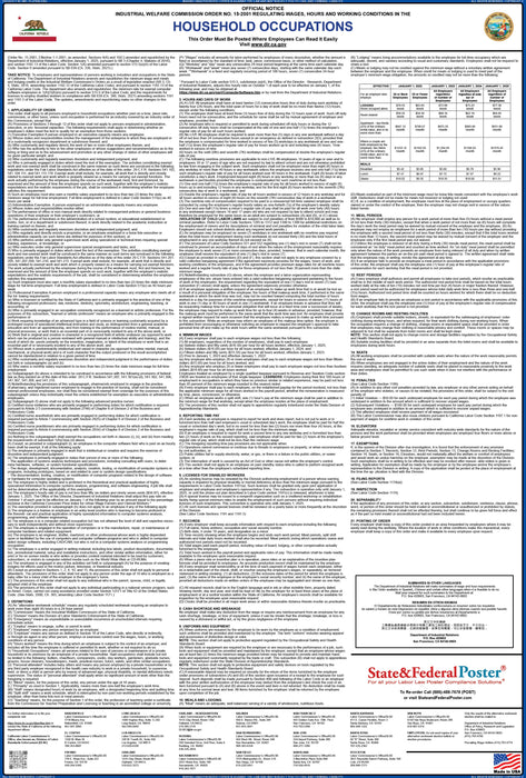 Preorder 2027 California IWC 15 - Household Occupations Wage Order - State and Federal Poster