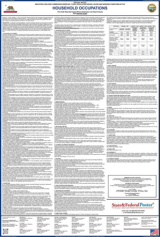 Preorder 2027 California IWC 15 - Household Occupations Wage Order - State and Federal Poster
