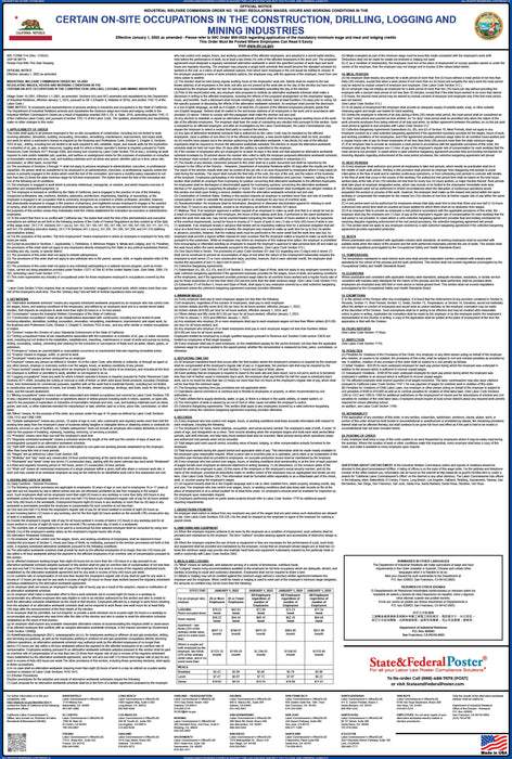 Preorder 2027 California IWC 16 - Certain On-Site Occupations In Construction, Drilling, Logging, And Mining Wage Order - State and Federal Poster