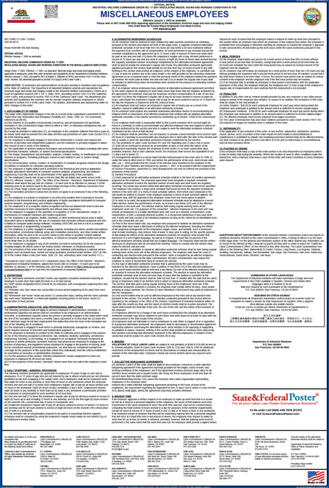 Preorder 2027 California IWC 17 - Miscellaneous Employees Wage Order - State and Federal Poster