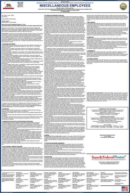 Preorder 2027 California IWC 17 - Miscellaneous Employees Wage Order - State and Federal Poster