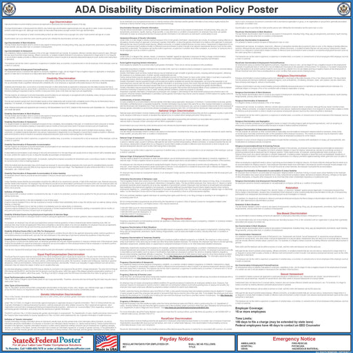 ADA Disability Discrimination Policy Poster (Federal) - State and Federal Poster