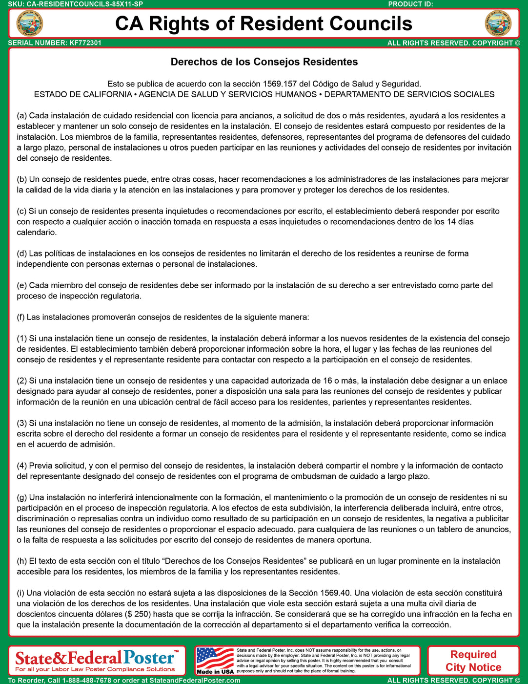 California Rights of Resident Councils Poster — State and Federal Poster