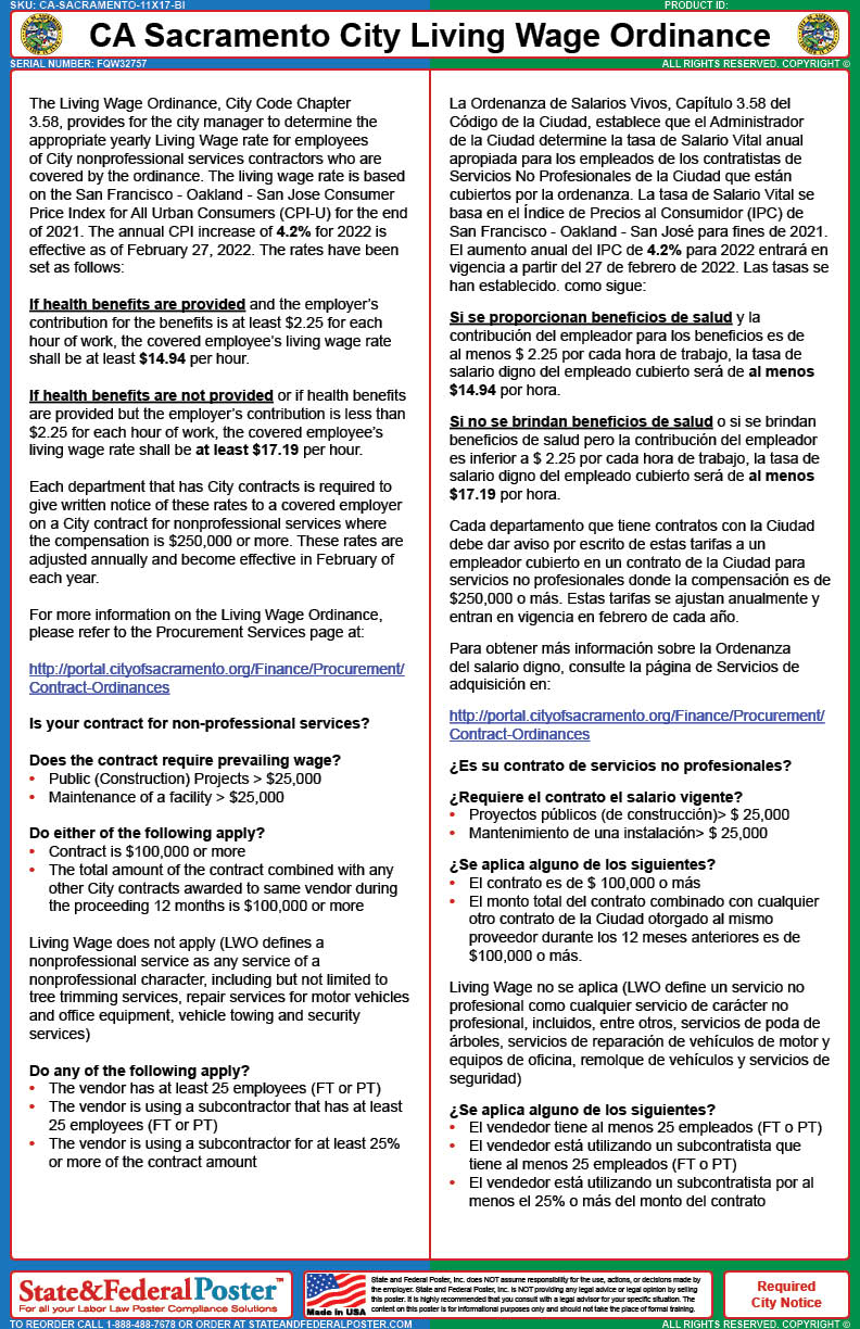 Sacramento, California Living Wage Ordinance (Bilingual) — State and  Federal Poster