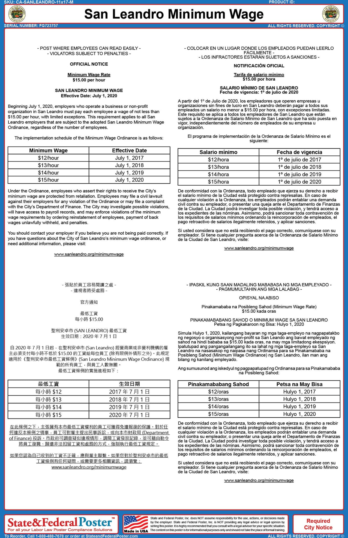 San Leandro, California Minimum Wage Poster (Multingual) — State and Federal Poster San Leandro, California Minimum Wage Poster (Multingual) — State and Federal Poster