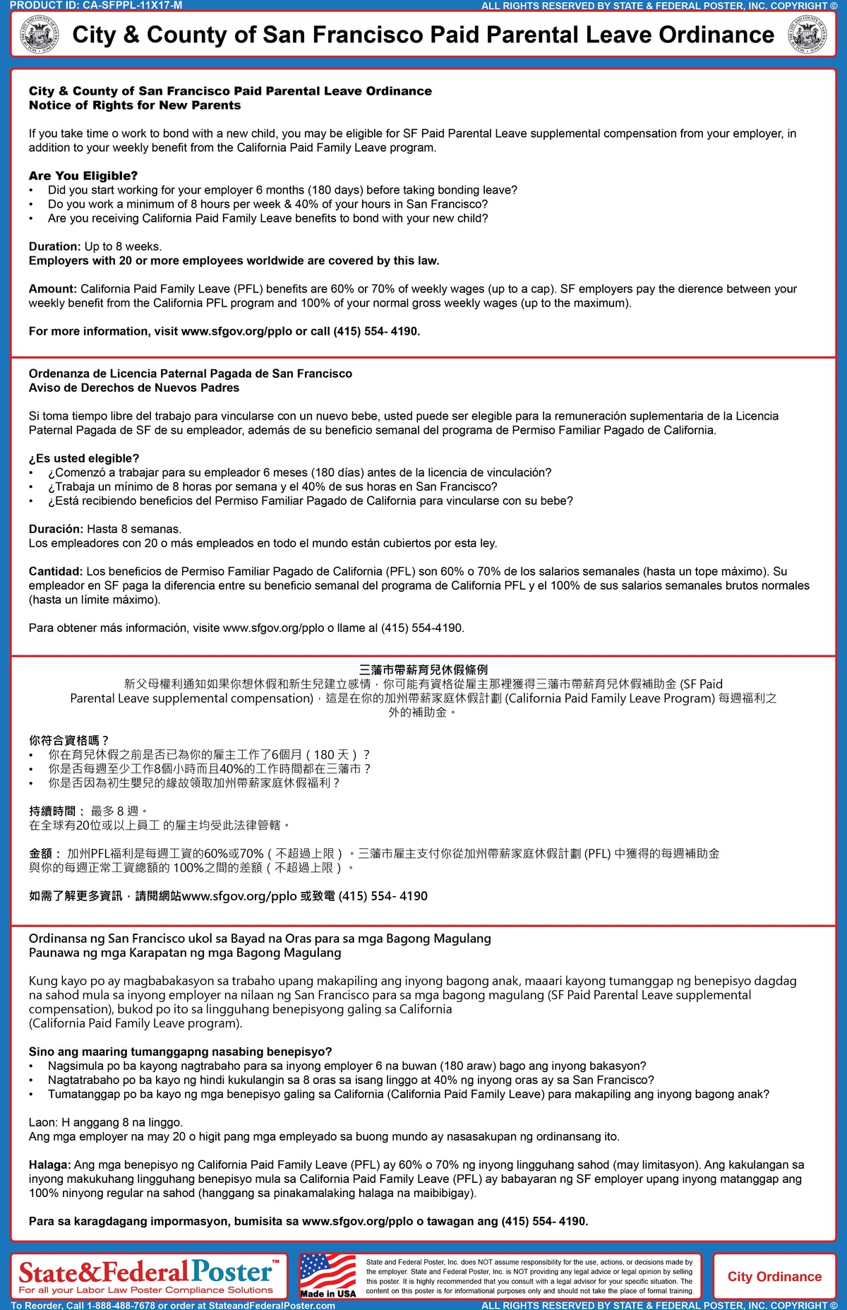 San Francisco, California Paid Parental Leave Ordinance (Multilingual) —  State and Federal Poster