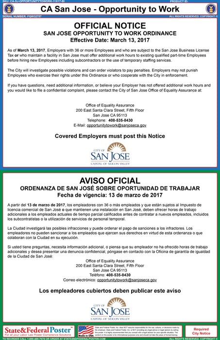 CA San Jose Opportunity To Work City Poster (Bilingual) - State and Federal Poster