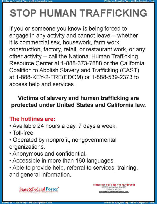 California Human Trafficking Poster - State and Federal Poster