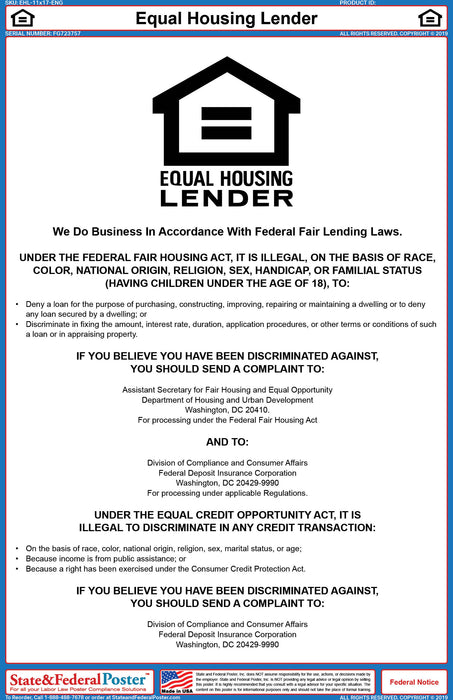 Equal Housing Lender Poster - State and Federal Poster