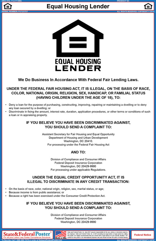 Equal Housing Lender Poster - State and Federal Poster
