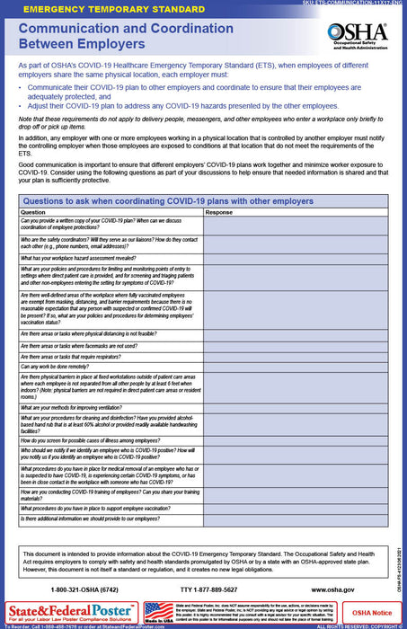 COVID-19 Healthcare Emergency Temporary Standard (ETS): COVID-19 Log - State and Federal Poster