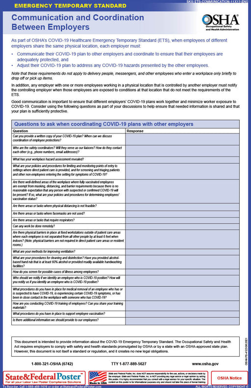 COVID-19 Healthcare Emergency Temporary Standard (ETS): COVID-19 Log - State and Federal Poster