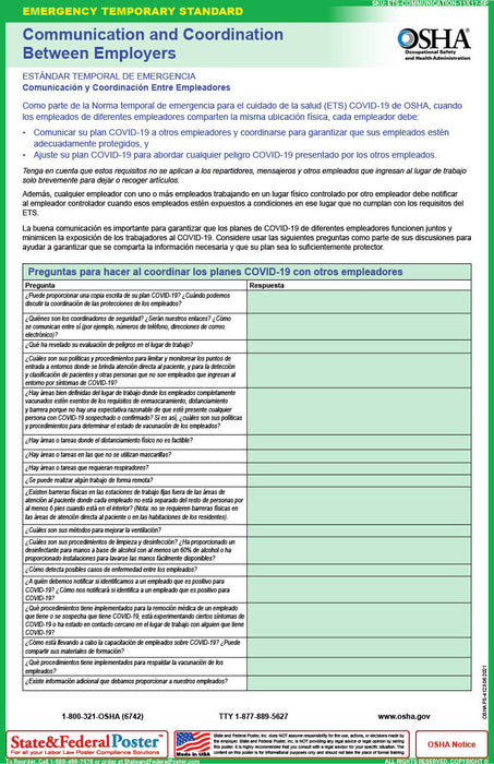 COVID-19 Healthcare Emergency Temporary Standard (ETS): COVID-19 Log - State and Federal Poster