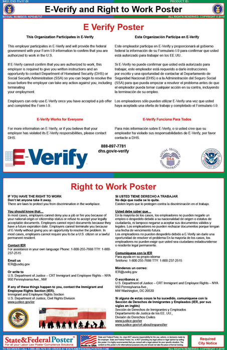 Federal E-Verify and Right to Work Poster (Bilingual) - State and Federal Poster