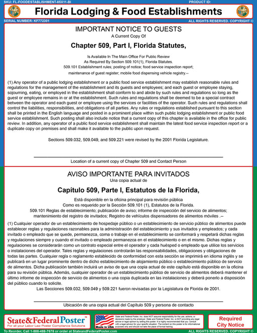 Florida Lodging & Food Establishment Ordinance (Bilingual) - State and Federal Poster