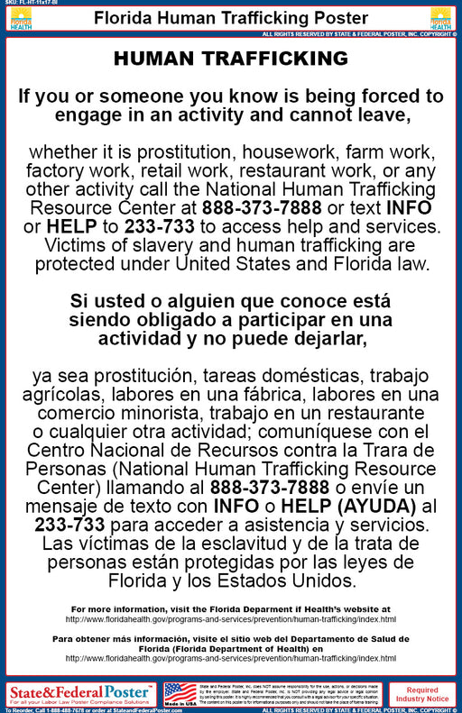 Florida Human Trafficking Poster (Bilingual) - State and Federal Poster