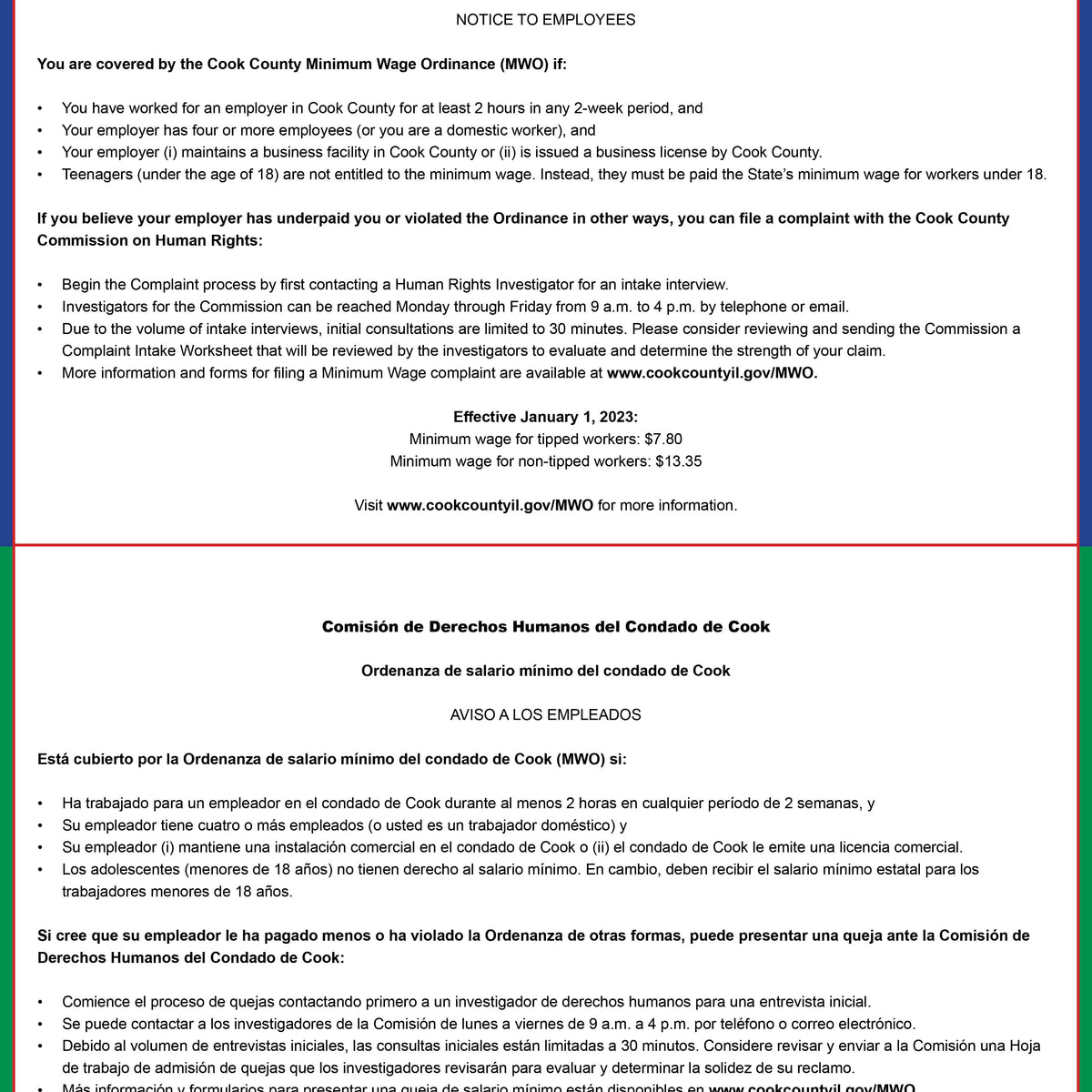 Cook County, IL Minimum Wage Ordinance (Bilingual) — State and Federal  Poster