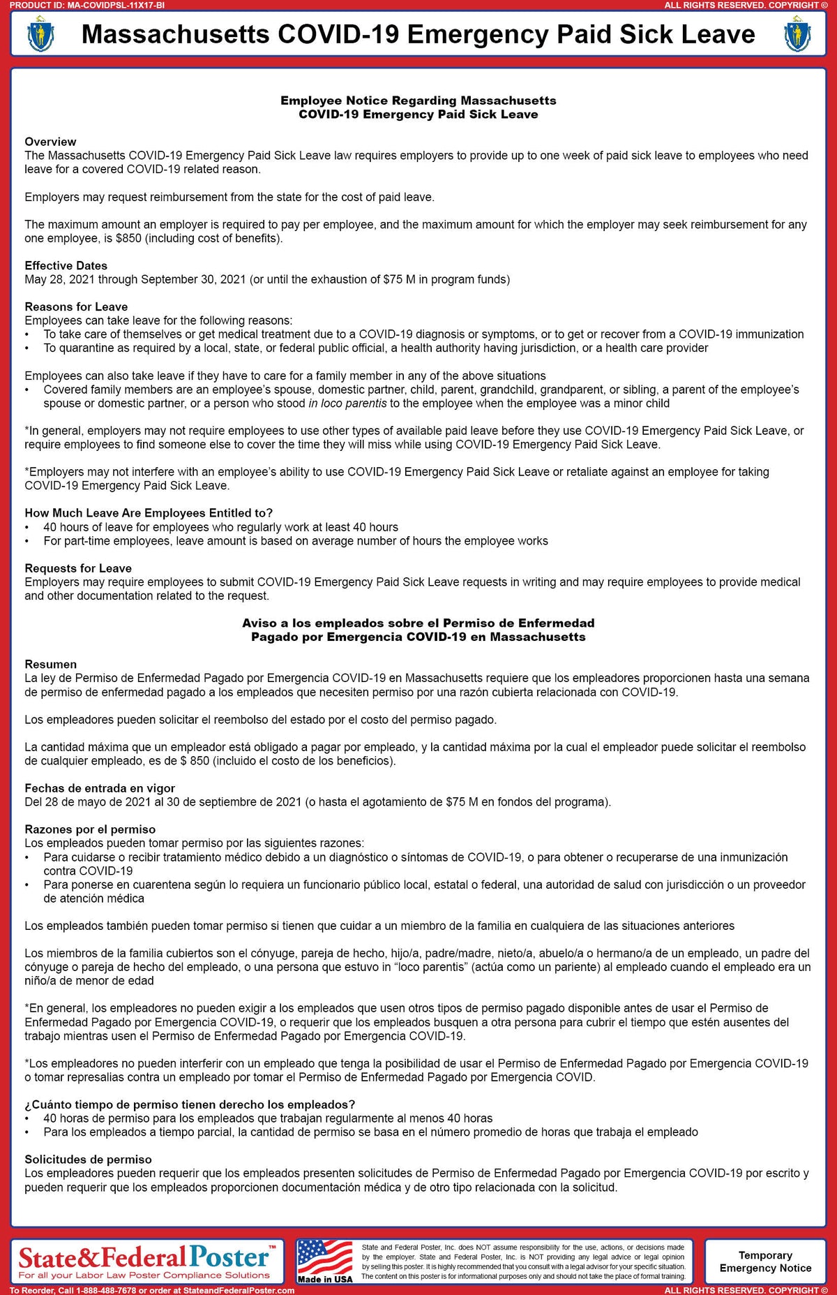 Massachusetts COVID-19 Emergency Paid Sick Leave (Bilingual
