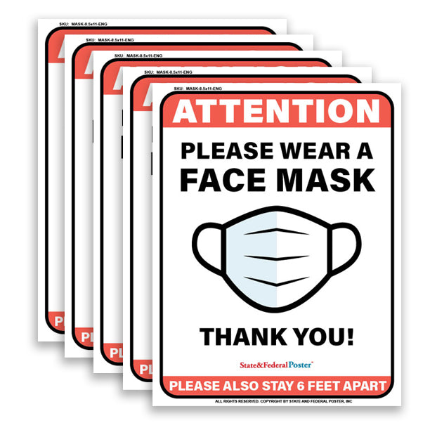 "Please Wear Face Mask" Lamimated Poster Sign - Letter Size 8.5x11" (5 Pieces)