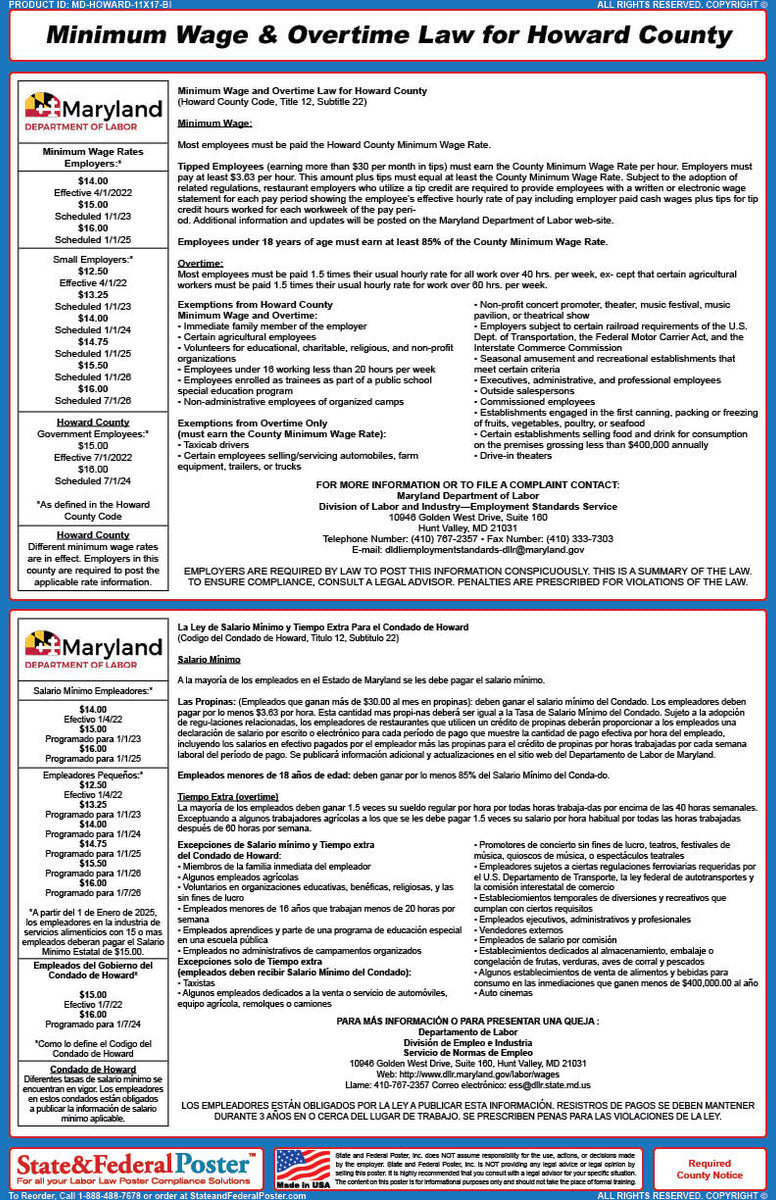 Howard County, Maryland Minimum Wage & Overtime Poster (Bilingual) — State  and Federal Poster