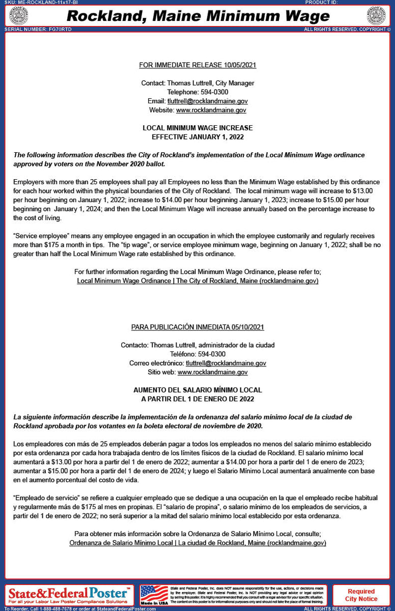 Rockland, Maine Minimum Wage Poster (Bilingual) — State and Federal Poster