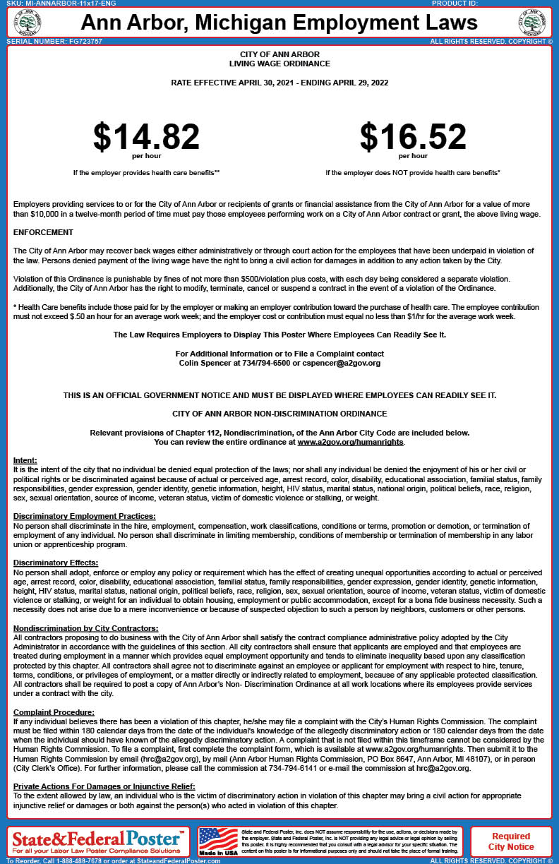 Ann Arbor, Michigan Labor Law Poster — State and Federal Poster