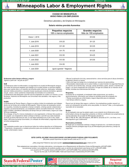 Minneapolis, Minnesota Minimum Wage & Employment Rights Poster — State