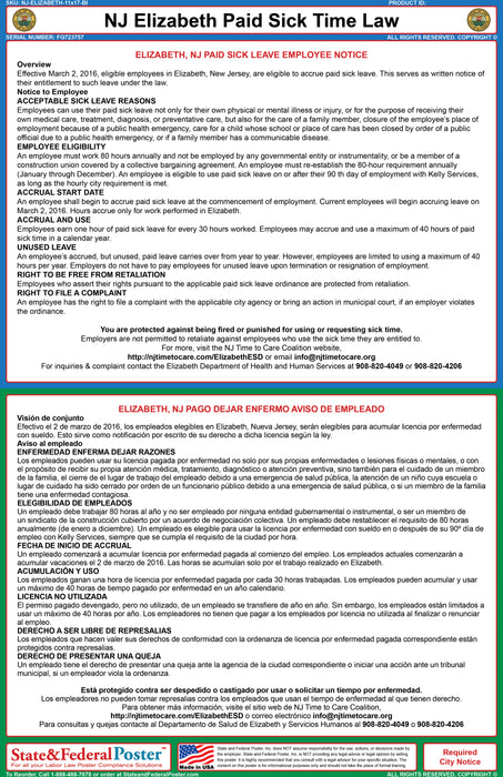 NJ City of Elizabeth Paid Sick Leave Poster (Bilingual) - State and Federal Poster