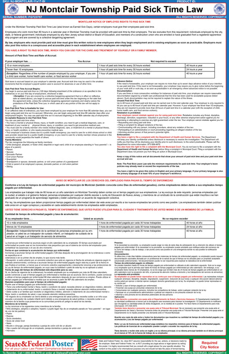 NJ Montclair Township Paid Sick Time Poster (Bilingual) - State and Federal Poster