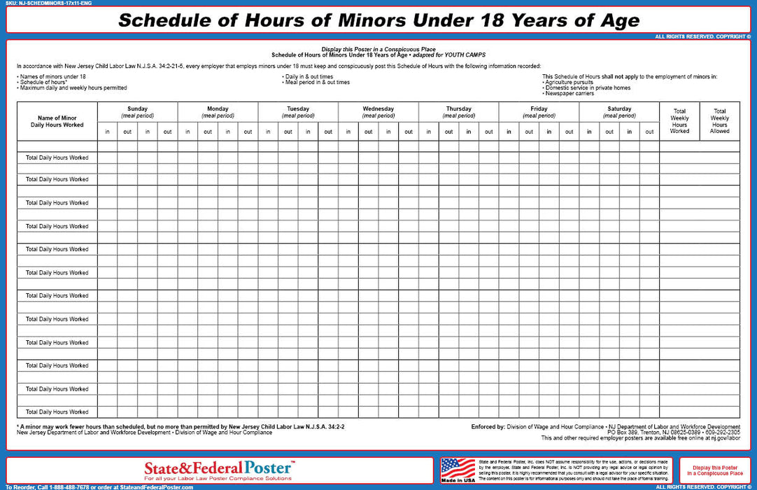 New Jersey Schedule of Minors Poster State and Federal Poster