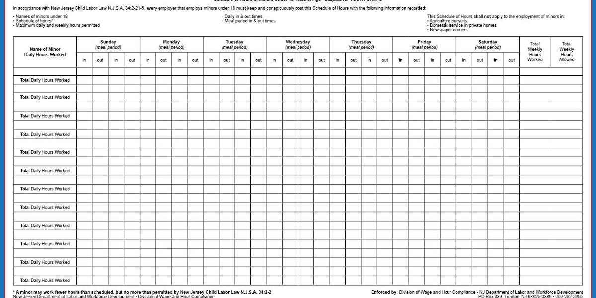 New Jersey Schedule of Minors Poster — State and Federal Poster