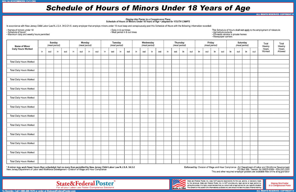 New Jersey Schedule of Minors Poster — State and Federal Poster
