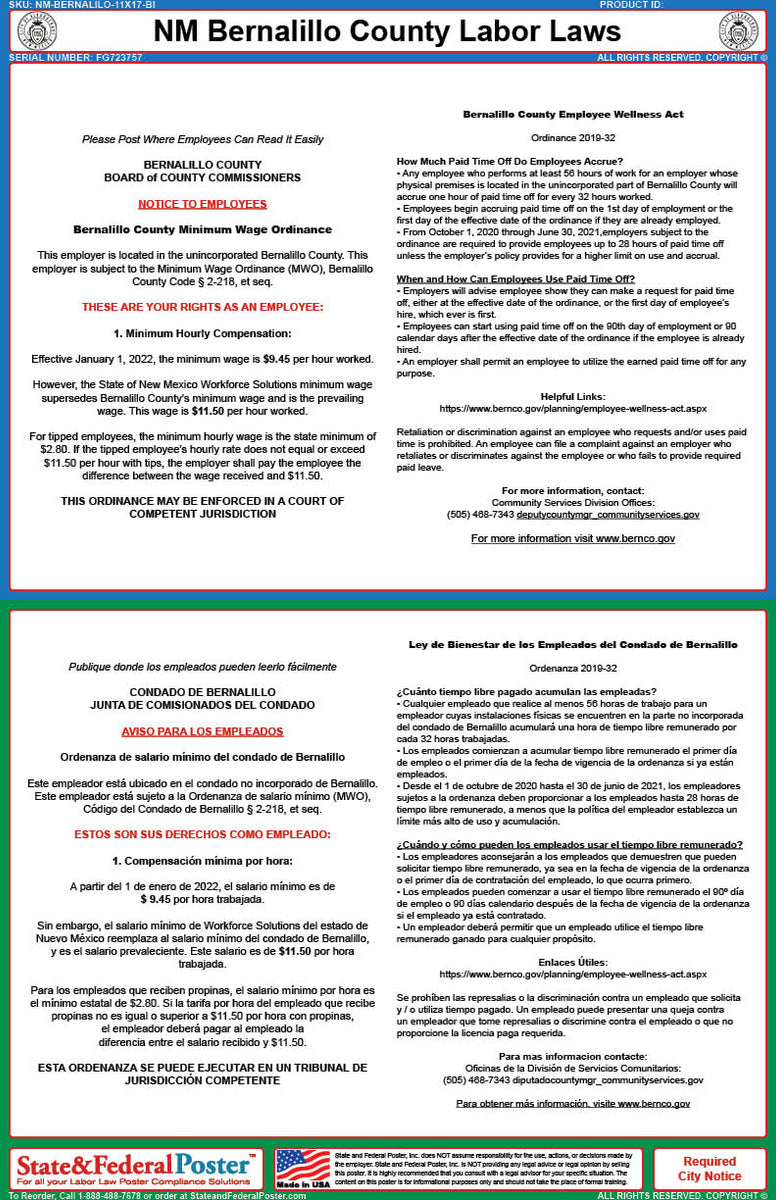 Bernalillo County, New Mexico Minimum Wage Poster (Bilingual) — State and  Federal Poster