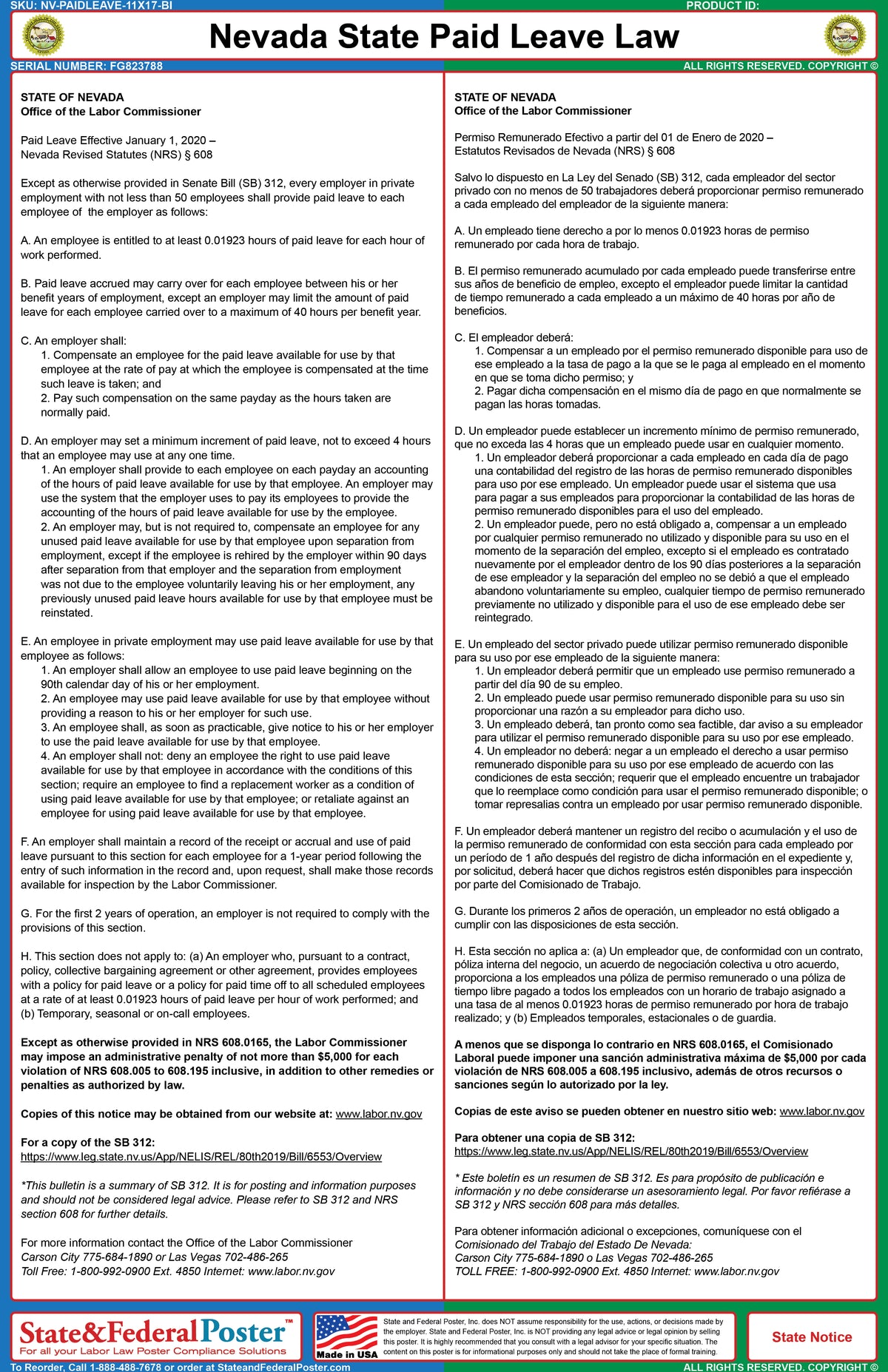 Nevada State Paid Leave Law Poster (Bilingual) — State and Federal Poster