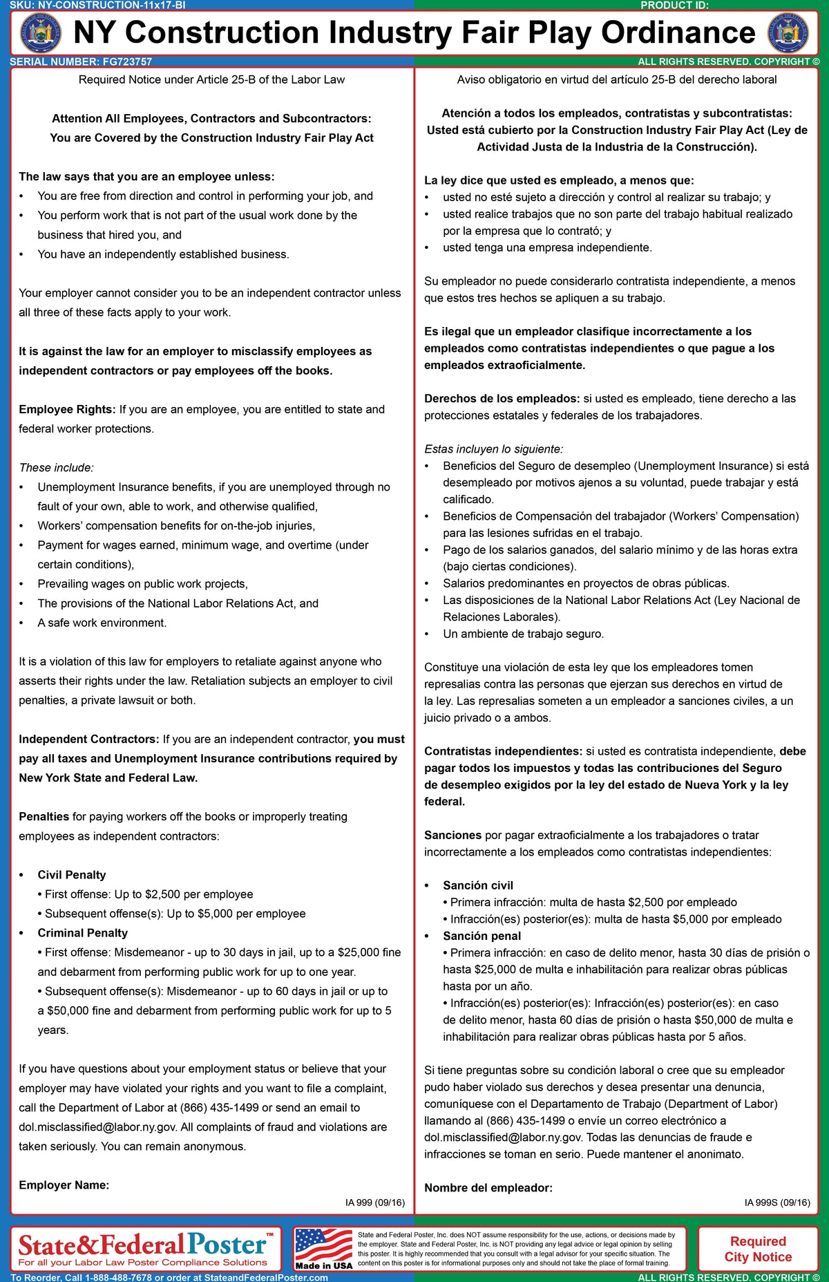 New York Construction Industry Fair Play Ordinance Poster (Bilingual