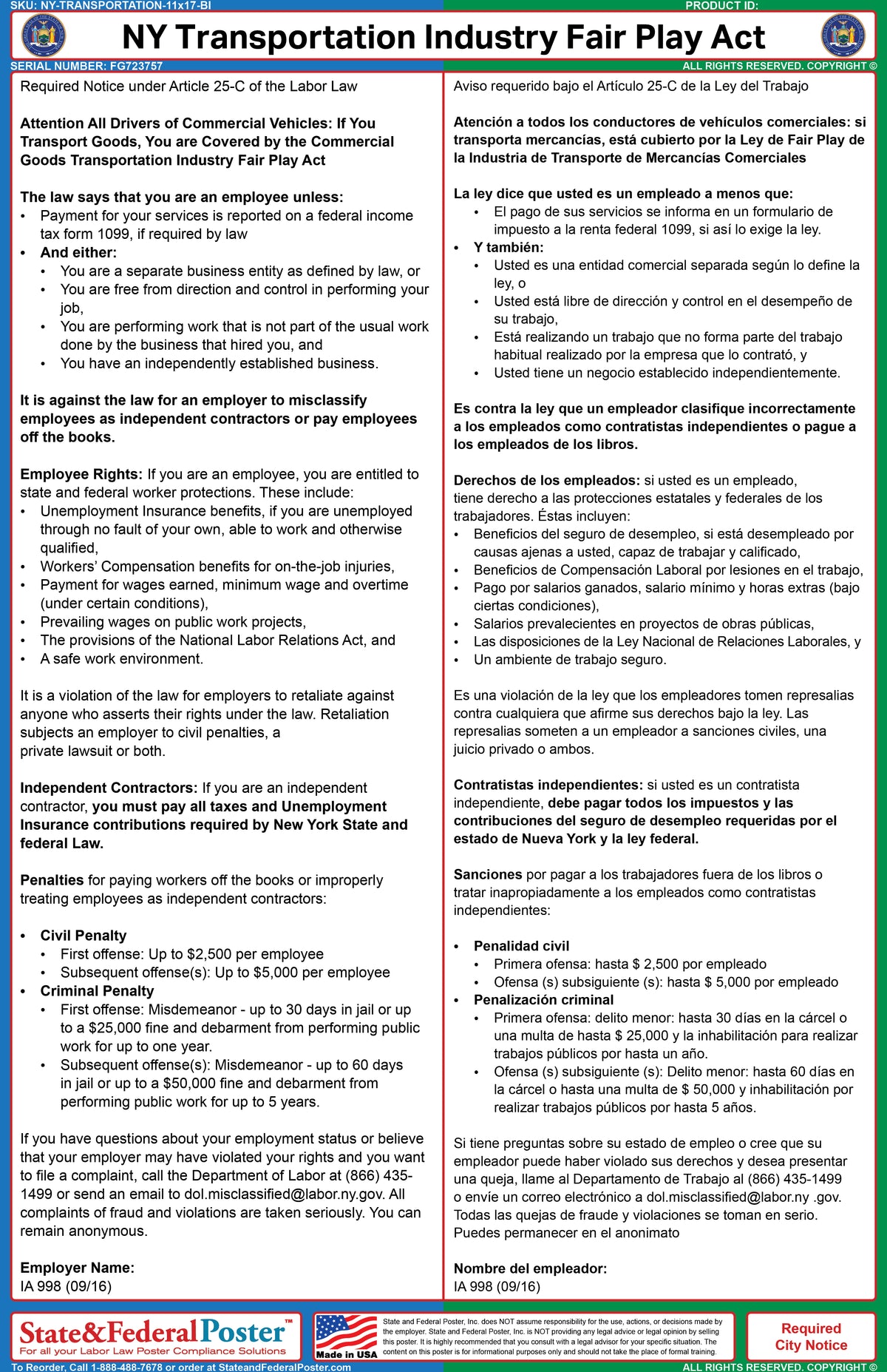 New York Transportation Industry Fair Play Ordinance Poster (Bilingual