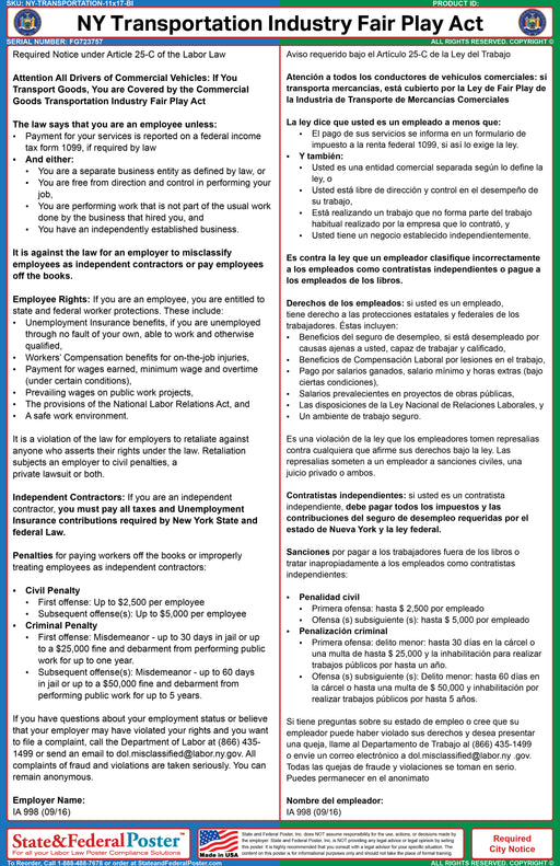 New York Transportation Industry Fair Play Ordinance Poster (Bilingual) - State and Federal Poster
