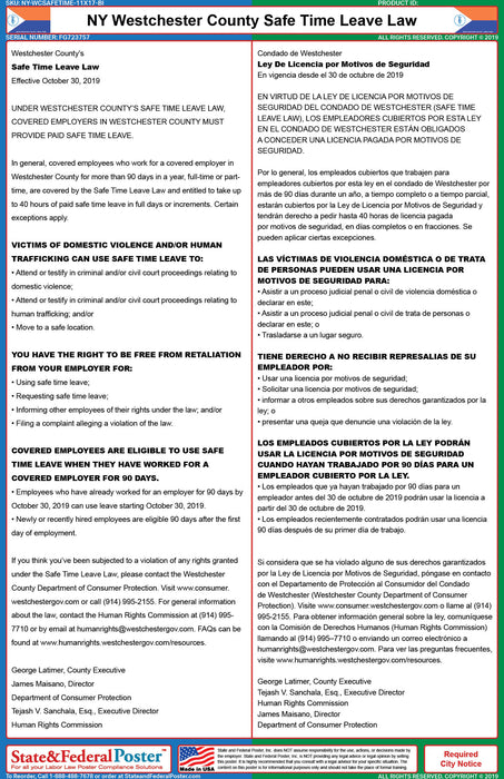 NY Westchester Safe Time Leave Law (Bilingual) - State and Federal Poster