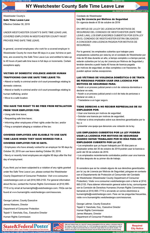 NY Westchester Safe Time Leave Law (Bilingual) - State and Federal Poster