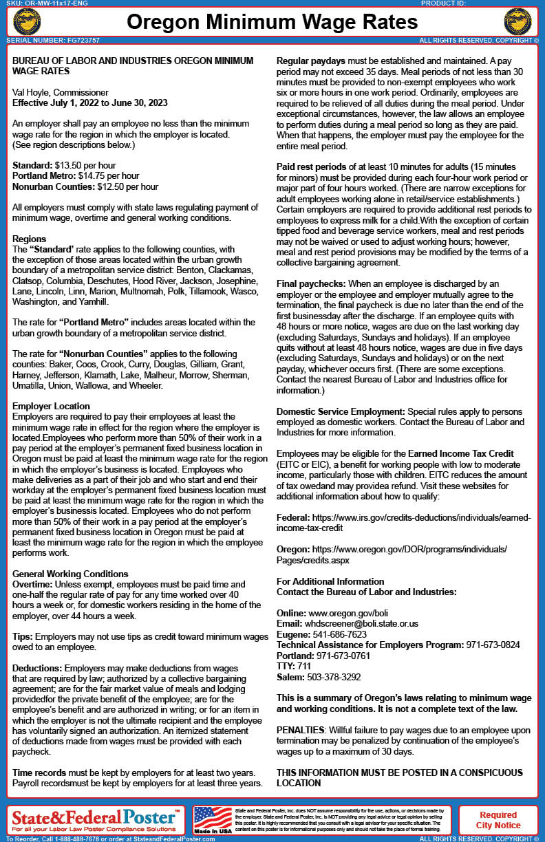 Workers Comp Rates Oregon Oregon Minimum Wage Rates Poster — State and Federal Poster