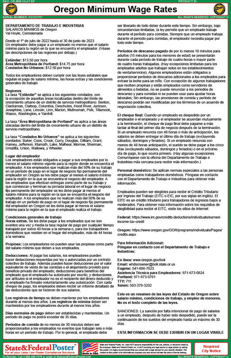 Workers Comp Rates Oregon Oregon Minimum Wage Rates Poster — State and Federal Poster