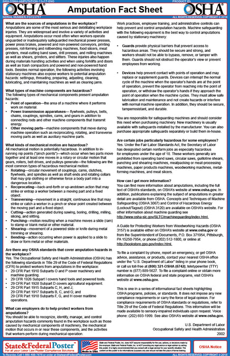 OSHA Amputation Fact Sheet - State and Federal Poster