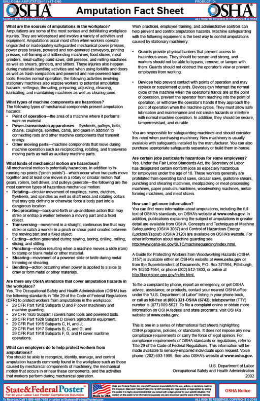 OSHA Amputation Fact Sheet - State and Federal Poster