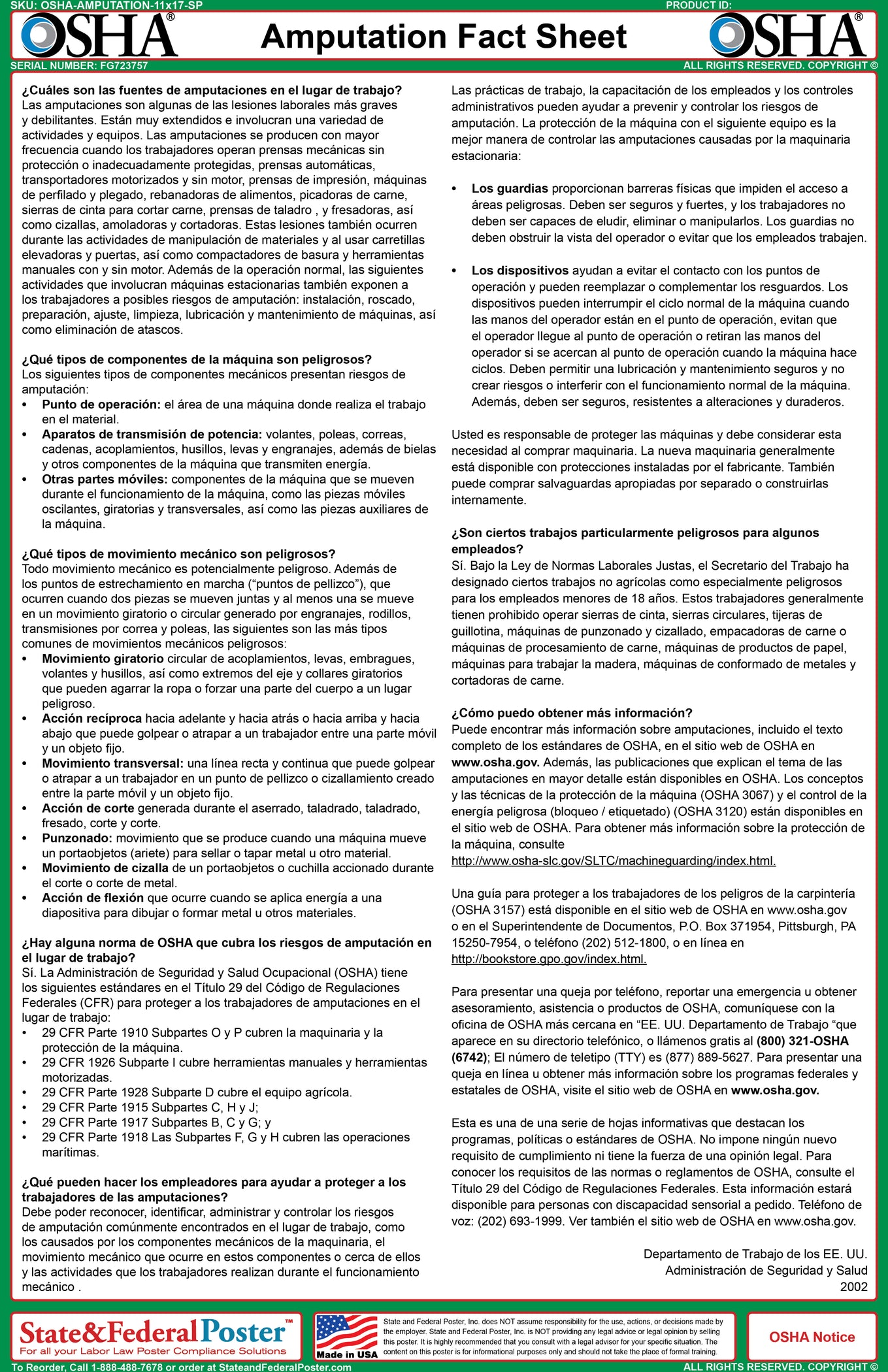 Amputations Osha OSHA Amputation Fact Sheet — State and Federal Poster