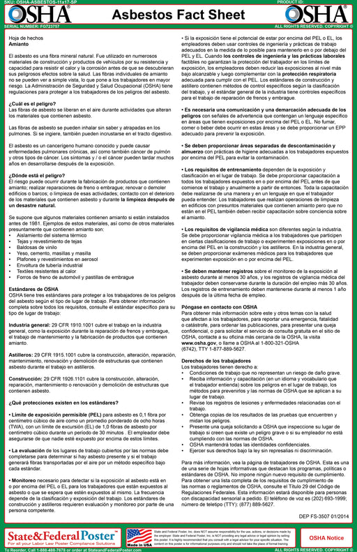 OSHA Asbestos Fact Sheet - State and Federal Poster