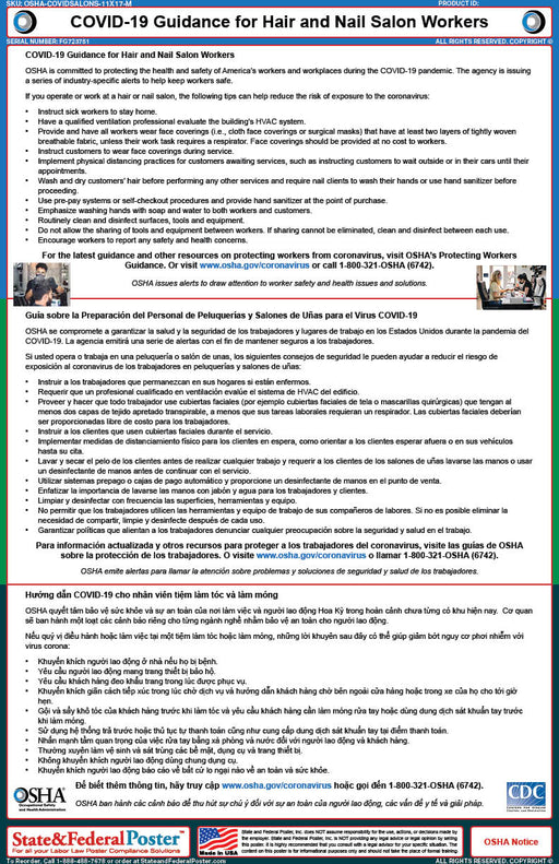 OSHA Alert: COVID-19 Guidance for Hair and Nail Salon Workers - State and Federal Poster
