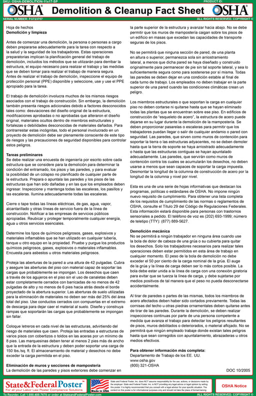 OSHA Demolition & Cleanup Fact Sheet - State and Federal Poster