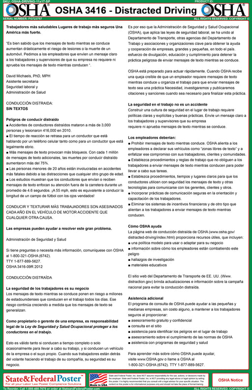 OSHA Distracted Driving Fact Sheet - State and Federal Poster